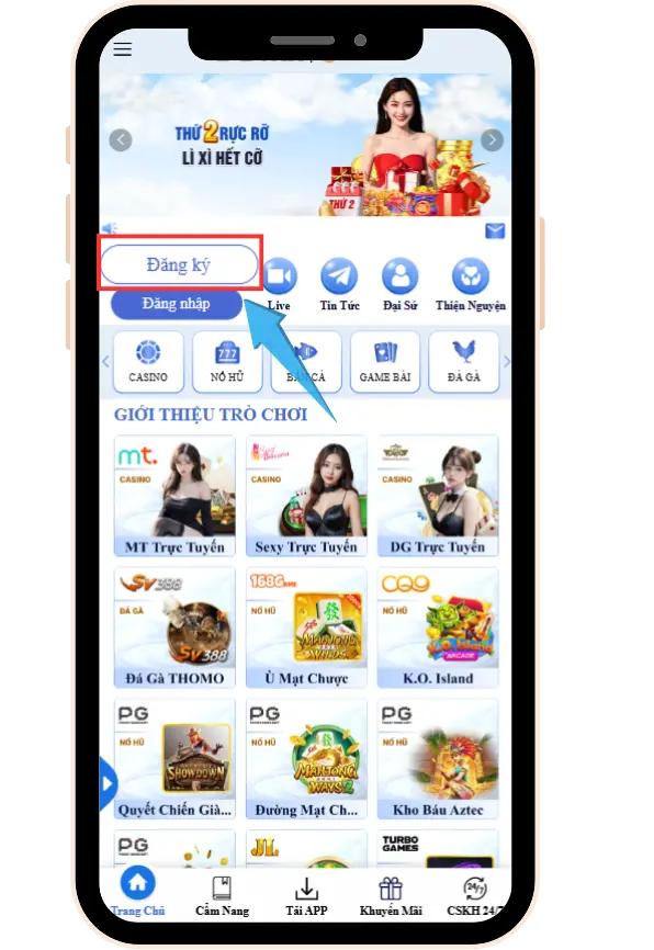Bước 1: Tại trang chủ 78win , ấn chọn "Đăng Ký"